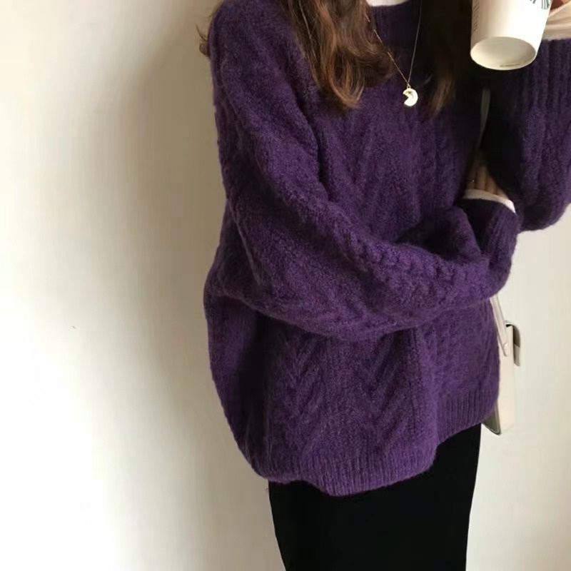 Áo len nữ vặn thừng cổ tròn form thụng màu tím đậm style vintage Hàn Quốc dày dặn ấm áp