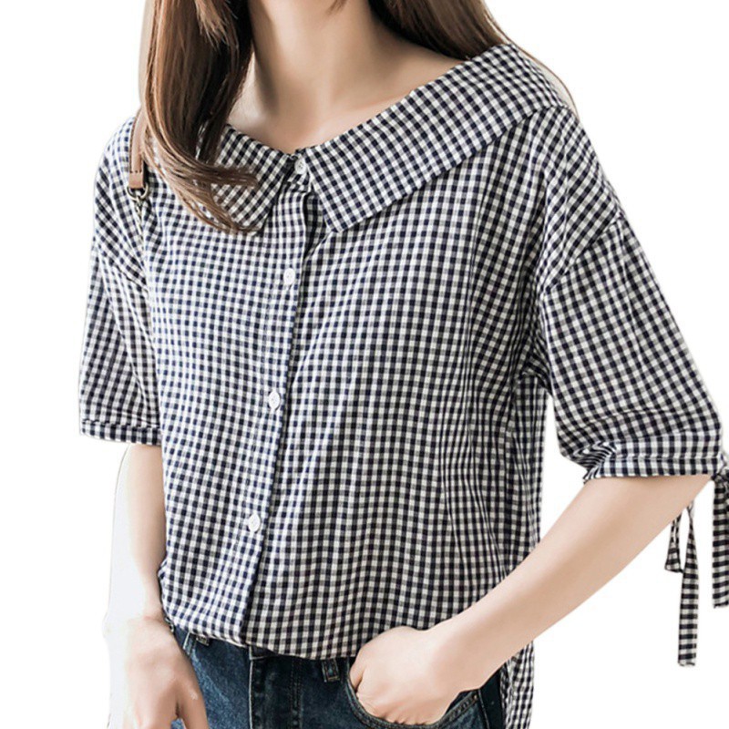 Áo sơ mi dáng rộng họa tiết in caro cài nút đơn cổ búp bê cho nữ