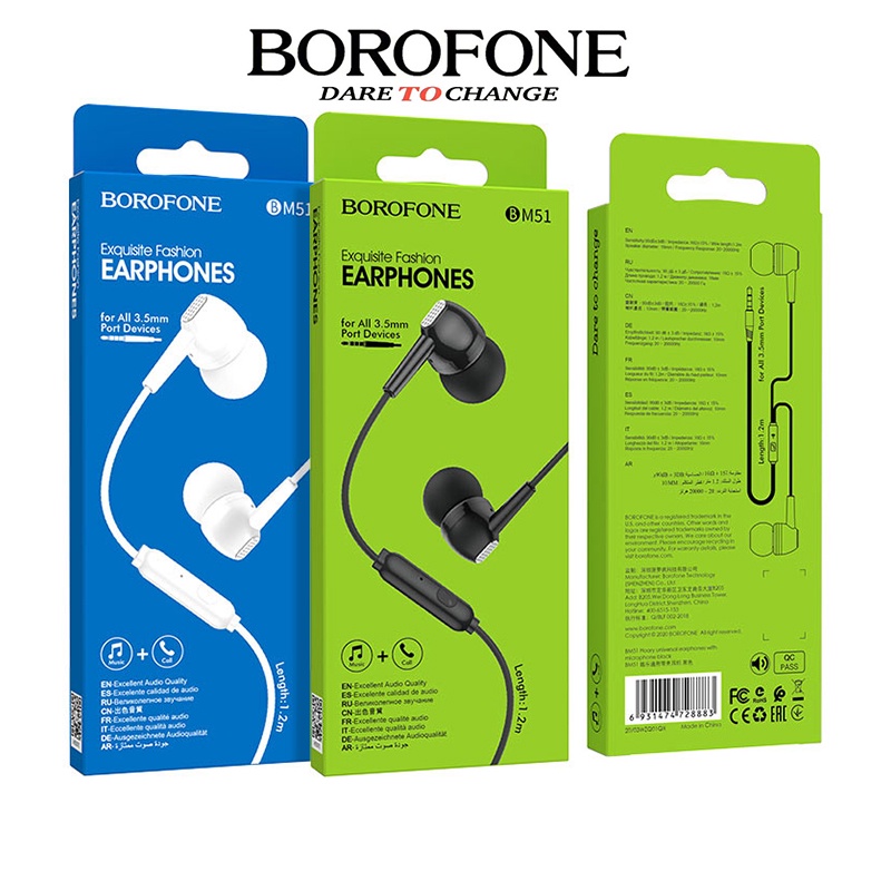 Tai nghe nhét tai BOROFONE BM51 chống ồn, nghe hay, có mic đàm thoại, dây dài 1.2m - Chính hãng