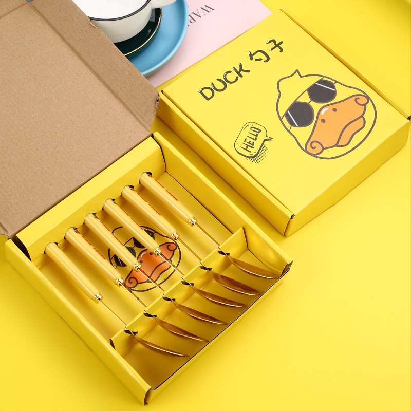 Hộp 6 chiếc thìa ăn cho bé, muỗng ăn đồ tráng miệng bằng thép không gỉ màu vàng hình vịt nhỏ
