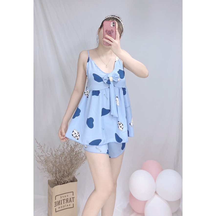 Set đồ ngủ đùi 2 dây mẫu nơ chất liệu lụa hàn mềm mại , thoáng mát freesize dưới 58kg tùy theo chiều cao