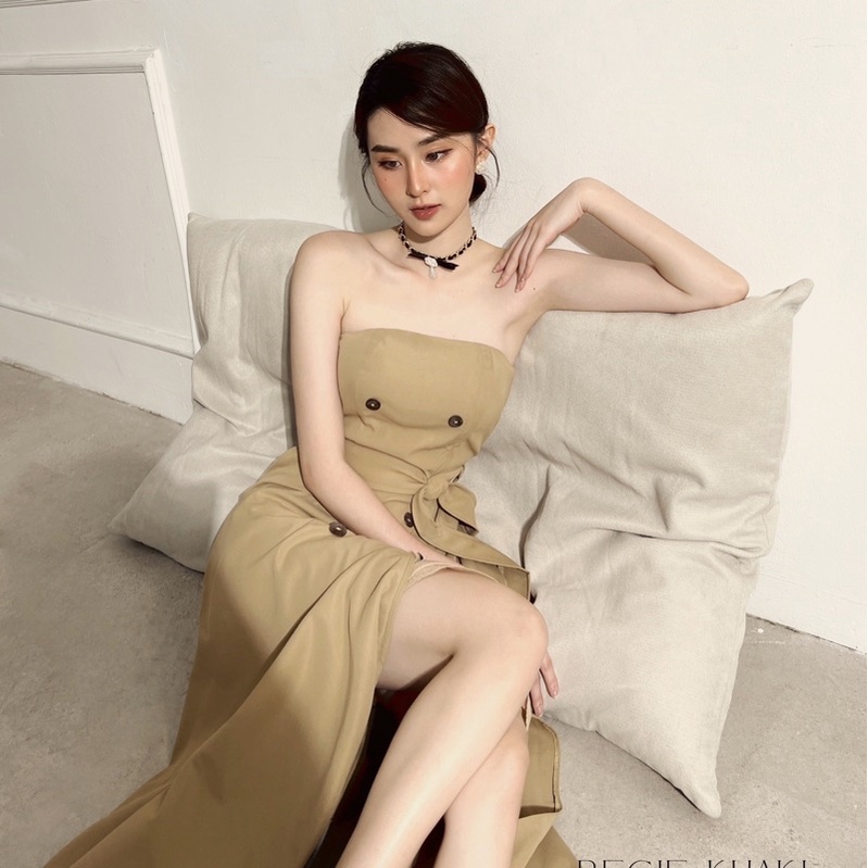 Váy H.I.U ROOM cup ngực thiết kế dáng dài midi, beige dress khaki H.I.U design 2022.