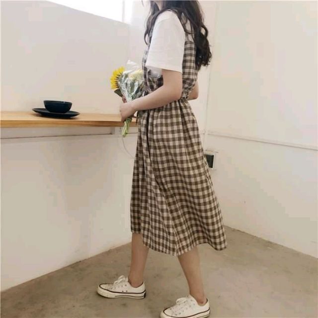 Váy Yếm Kẻ Caro + Croptop Ullzang