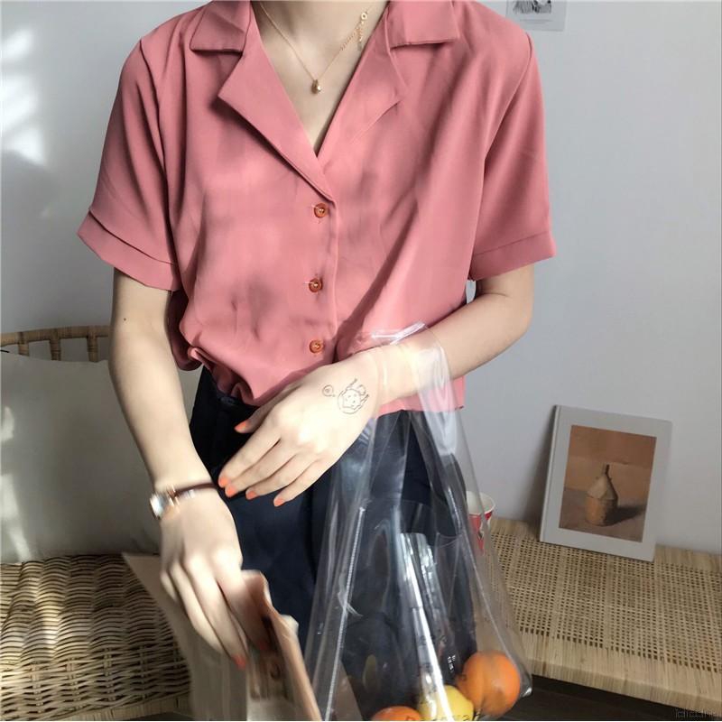 Áo Sơ Mi Tay Ngắn Cổ Chữ V Thiết Kế Thanh Lịch Phong Cách Hàn Quốc