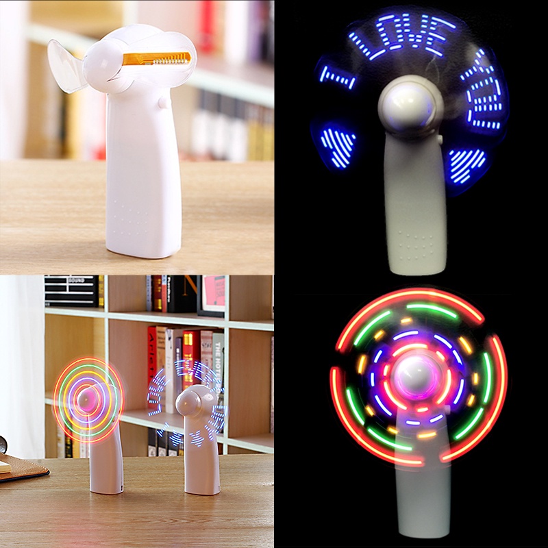 Quạt Mini Cầm Tay Có Đèn LED Nhiều Màu Sắc Sử Dụng Pin Kèm Dây Đeo Chữ I Love U