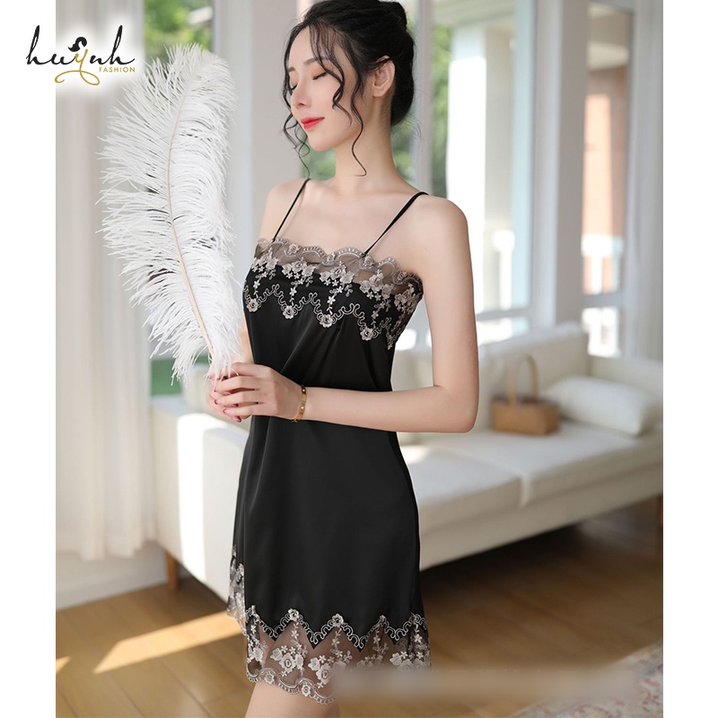 Váy Ngủ Hai Dây Phi Lụa Viền Ren Dáng Suông - N01