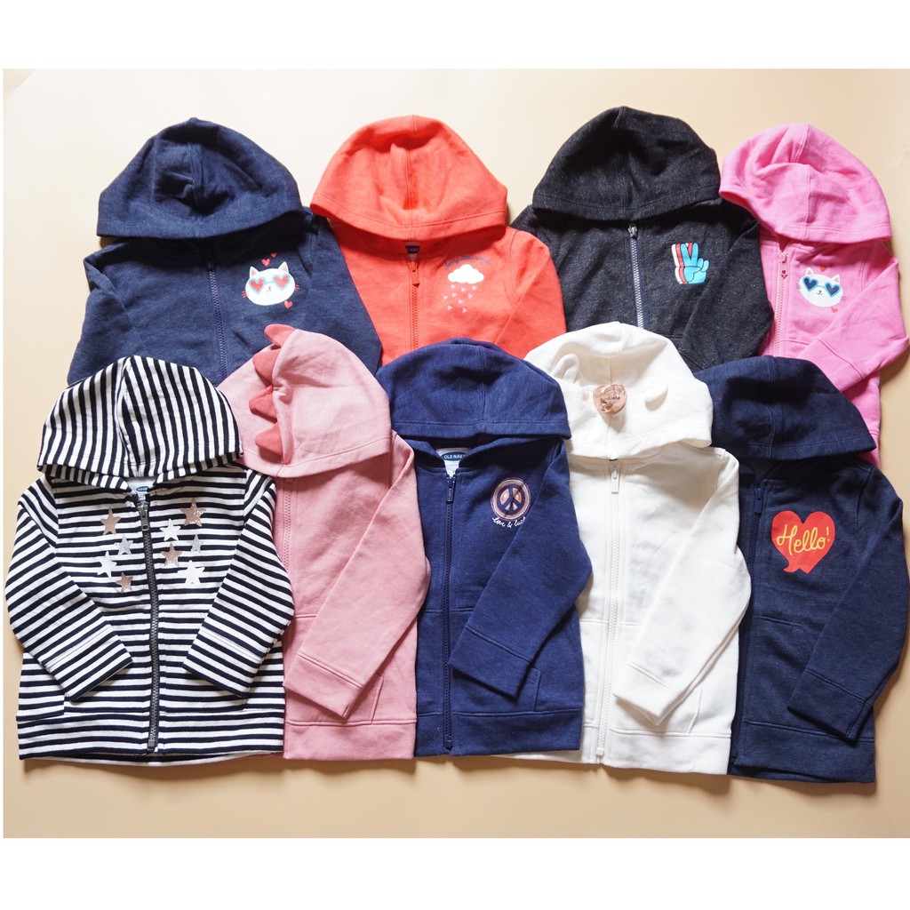 Áo khoác bé gái 1-5 tuổi O.ld Navy (10-21kg) nỉ lót bông mỏng nhẹ xuất dư xịn, Hoodie dây kéo có nón size nhí