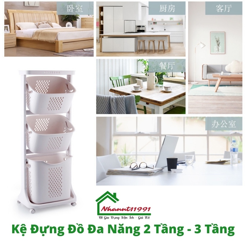 Kệ Đựng Đồ Đa Năng 3 Tầng, Giỏ Đựng Quần Áo Bẩn Phòng Tắm Có Bánh Xe Phong Cách Việt Nhật 5567