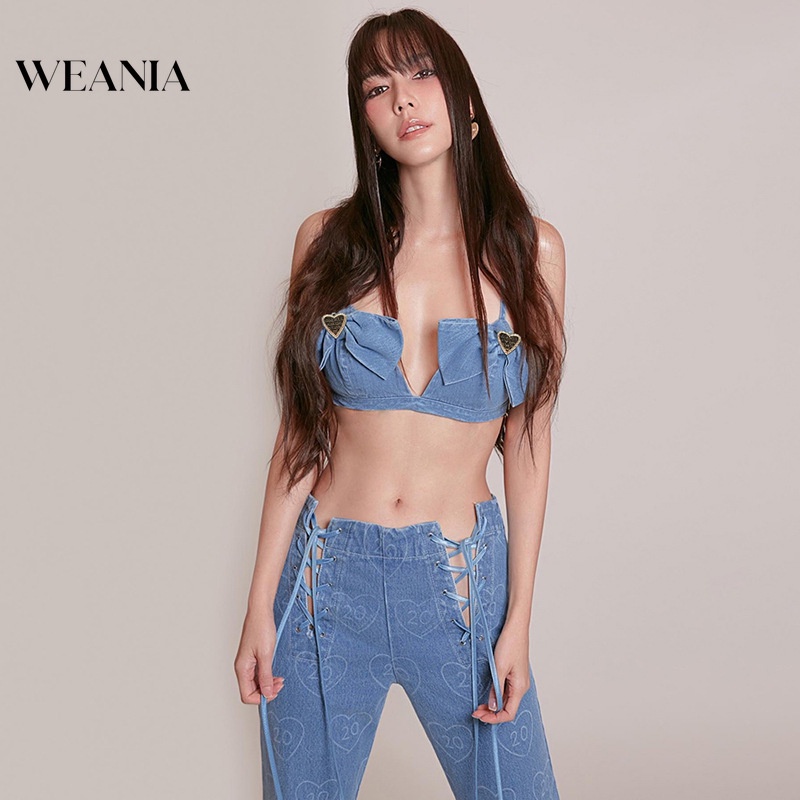 Áo Tank Top Denim Cổ Chữ V Thắt Nơ Bướm Thiết Kế Mới Thời Trang Theo Phong Cách Hàn Quốc