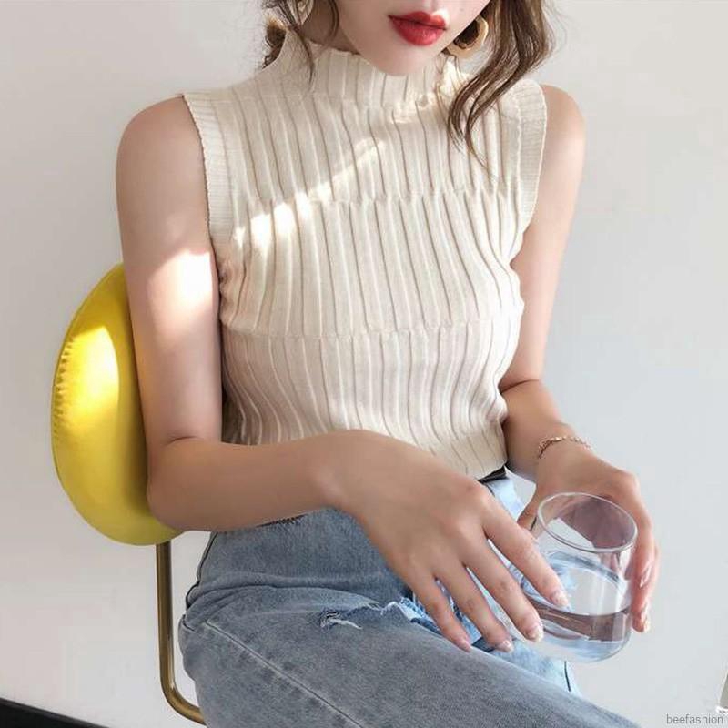 Áo Tank Top Dệt Kim Cổ Lọ Màu Trơn Thanh Lịch | BigBuy360 - bigbuy360.vn