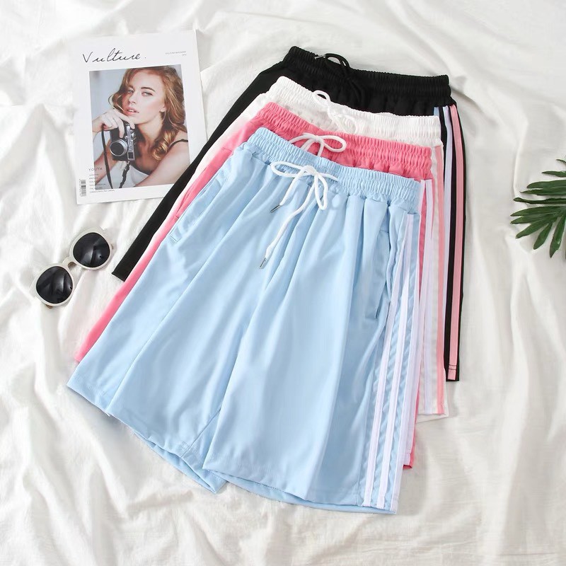 Quần Short Đùi 3 Sọc RAINBOW Unisex [FREESHIP]  Shorts ống rộng cạp chun trơn màu ĐEN | TRẮNG | XANH Ulzzang N05