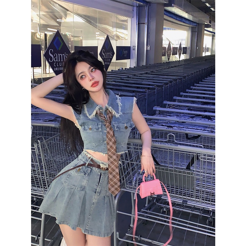 Cocory vn Set Áo Denim Không Tay Và Chân Váy Chữ A Lưng Cao Phong Cách Vintage Gợi Cảm Cho Nữ