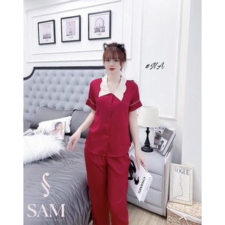 Bộ ngủ lụa áo cộc quần dài trơn lụa SAM cao cấp lụa xước vân Quảng PVN529_QuỳnhTe