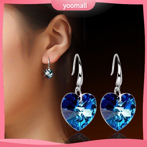 Đôi khuyên tai dài hình trái tim đính đá xanh dương thời trang cho nữ