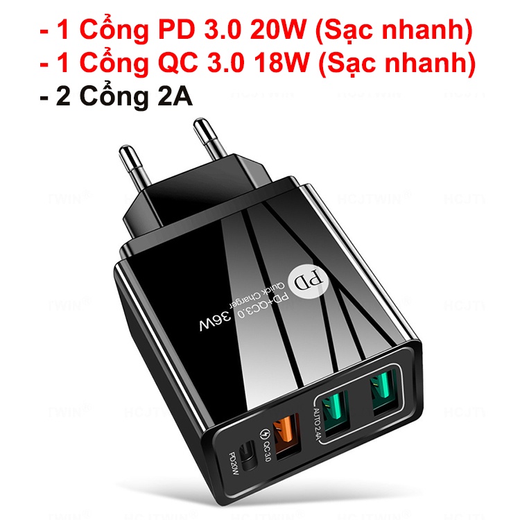 Củ sạc nhanh PD 20W iPhone Samsung  4 USB QC 3.0 PD 3.0 Type C