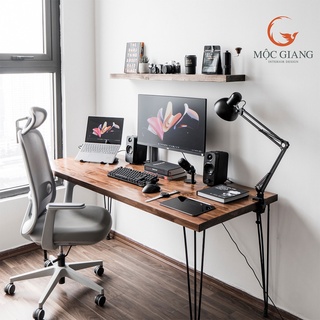 Bàn làm việc gỗ thông nguyên khối kết hợp chân sắt - bàn làm việc mộc giang