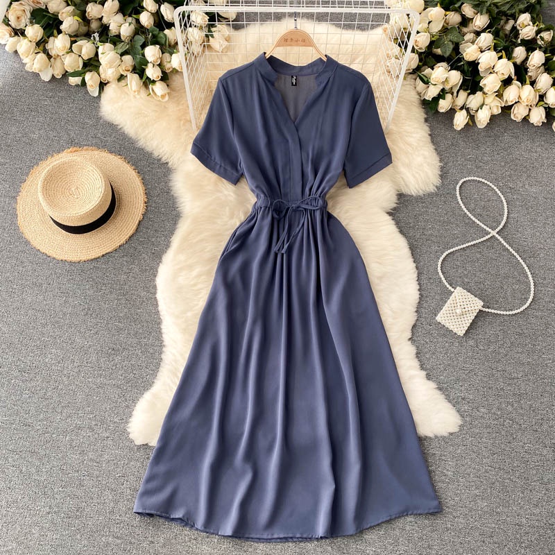 Đầm Midi Chữ A Tay Phồng Ngắn Cổ Chữ V Màu Trơn Thời Trang Mùa Hè Phong Cách Hàn Quốc Cho Nữ