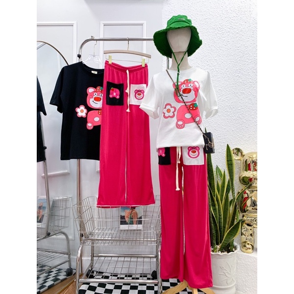 Set áo cotton gấu quần thêu gấu túi xinh xắn hình thật