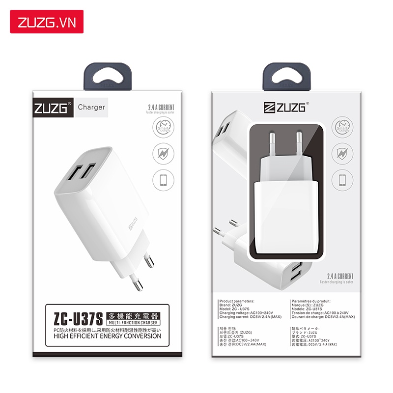 [Mã BMLT35] Củ sạc nhanh ZUZG cho iphone samsung oppo vivo xiaomi 2 cổng 2.4A 12w U37S - Hàng chính hãng