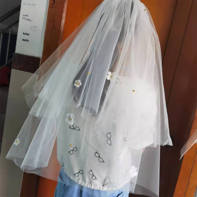 Mạng Che Mặt Cô Dâu Với Lược Kim Loại Và 2 Tầng Cắt Cạnh Hoa Tulle