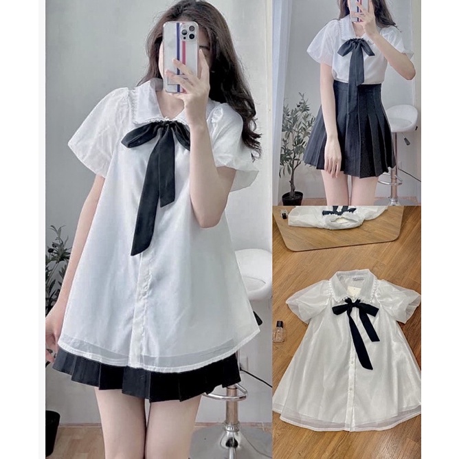 ÁO SƠMI TƠ CỘC TAY BABYDOLL MIX NƠ CỔ TIỂU THƯ 2 LỚP