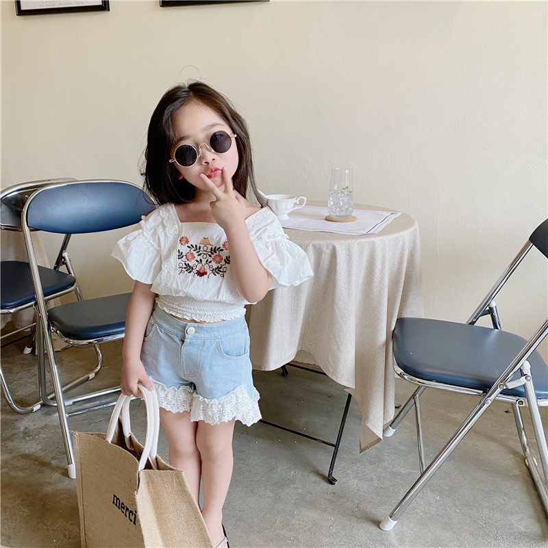 Áo Croptop Loại 1 Cao Cấp Cho Bé Gái Candy House - Áo Dáng Ngắn Chun Eo Thêu Hoa Vintage Cho Bé 2-7 Tuổi