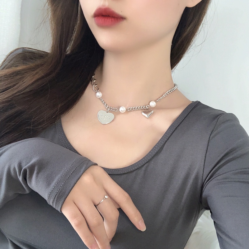 Vòng cổ bạc mặt trái tim đính ngọc trai thời trang cho nữ