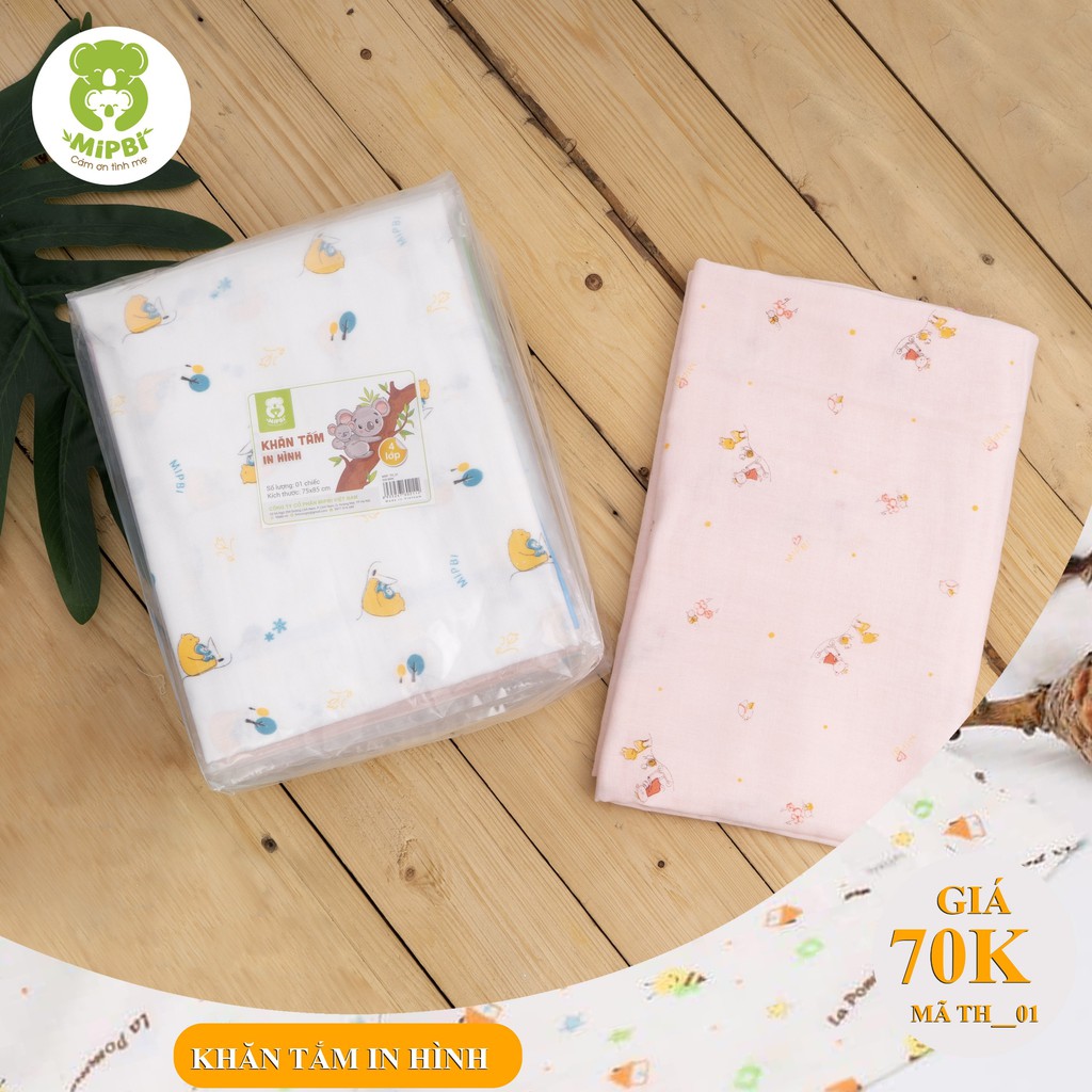 Khăn tắm 4 lớp Mipbi cao cấp 100% COTTON, kích thước 75x85cm in họa tiết dễ thương