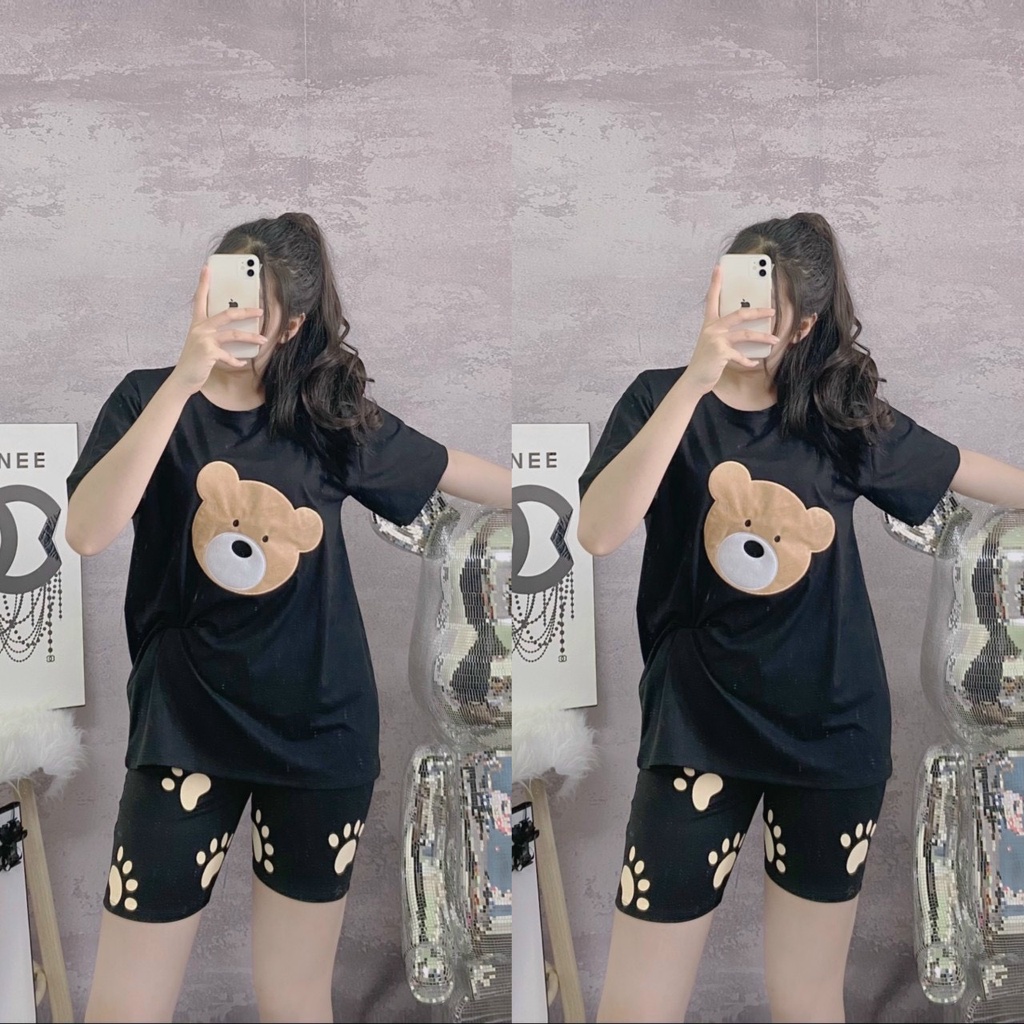 ❤️CÓ BIGSIZE TỚI 85KG❤️ Đồ bộ nữ quần đùi thun cotton co giãn Set đồ mặc nhà hình gấu bigsize (43-85kg) B03