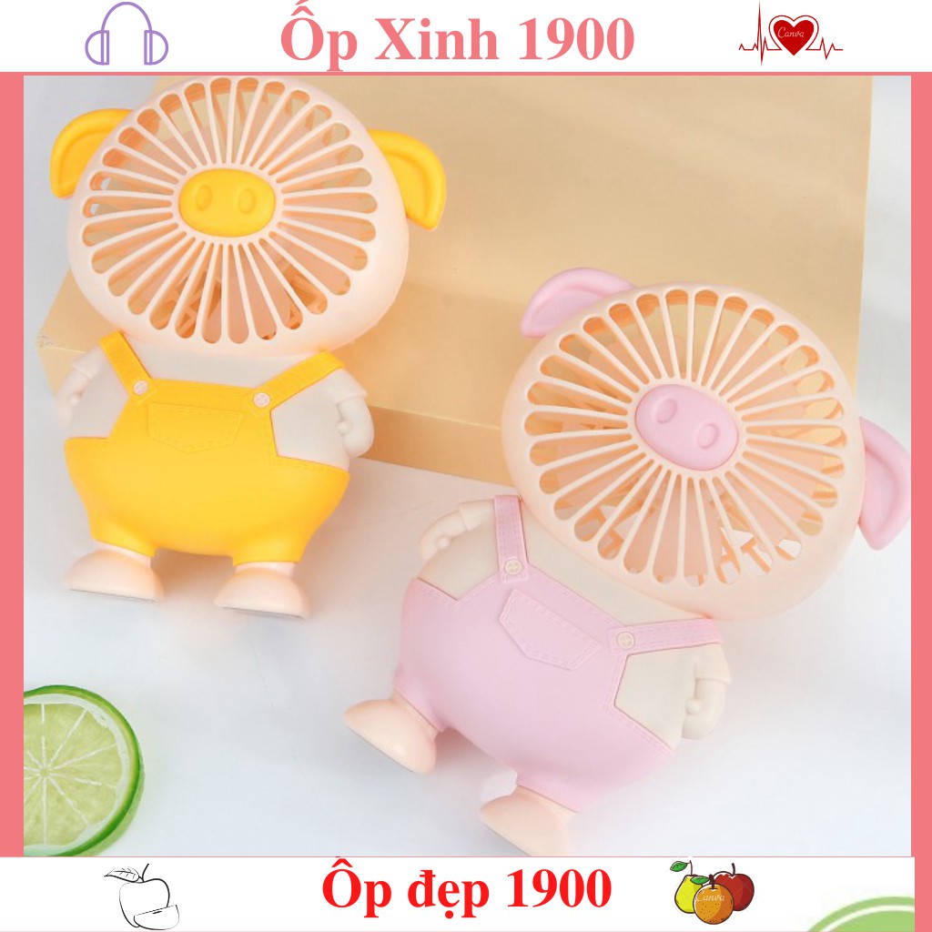 Quạt mini cầm tay 5 Cánh Hình heo - Quạt Heo - Quạt lợn tíchđiện để bàn dễ thương Full  bộ cáp sạc  + pin