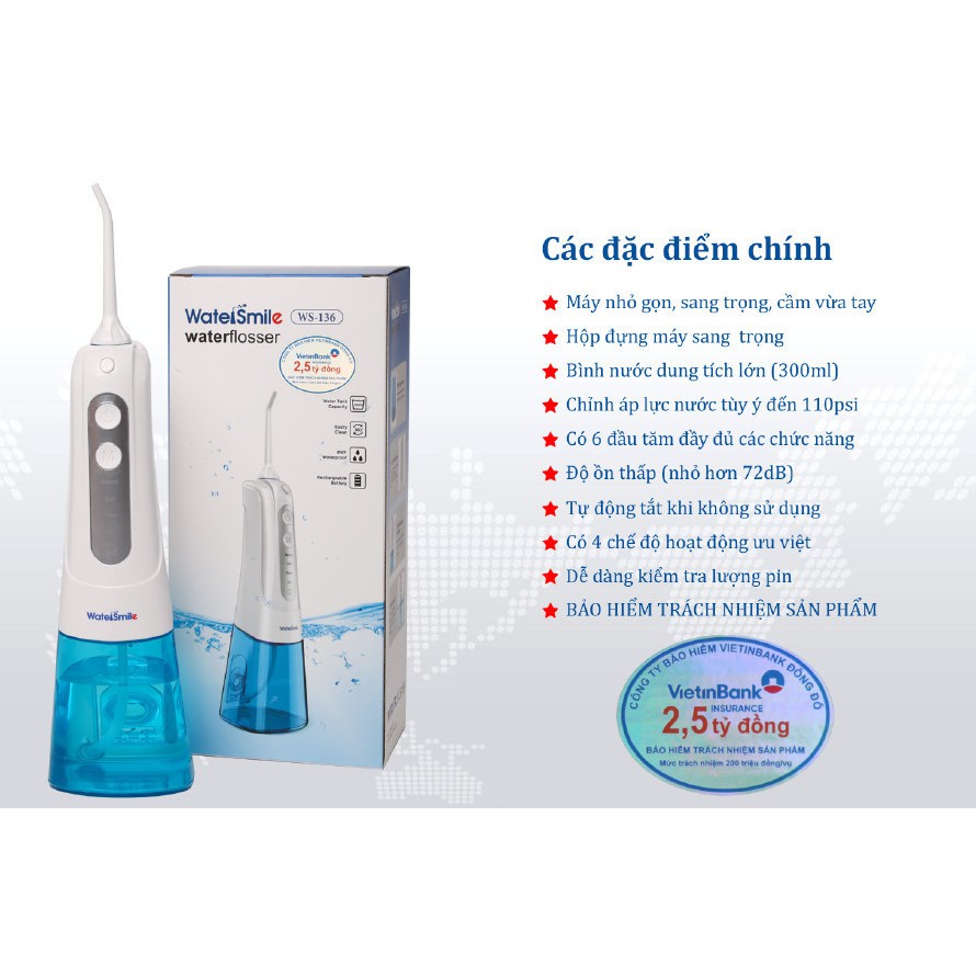 Máy tăm nước du lịch WaterSmile, máy tăm nước cầm tay chăm sóc răng miệng hiệu quả- BH 1 năm