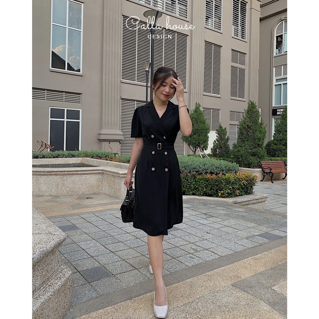 Đầm cổ vest công sở nút trước tay ngắn kèm đai Callene (CC258)