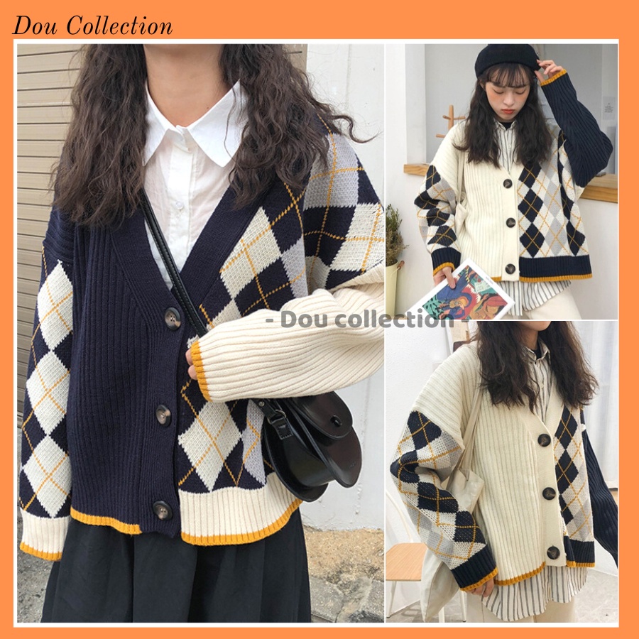 [Nowship2h] Áo Khoác Cardigan Form Rộng Họa Tiết Caro, Áo Khoác Len Thời Trang Thu Đông - Mã TA041