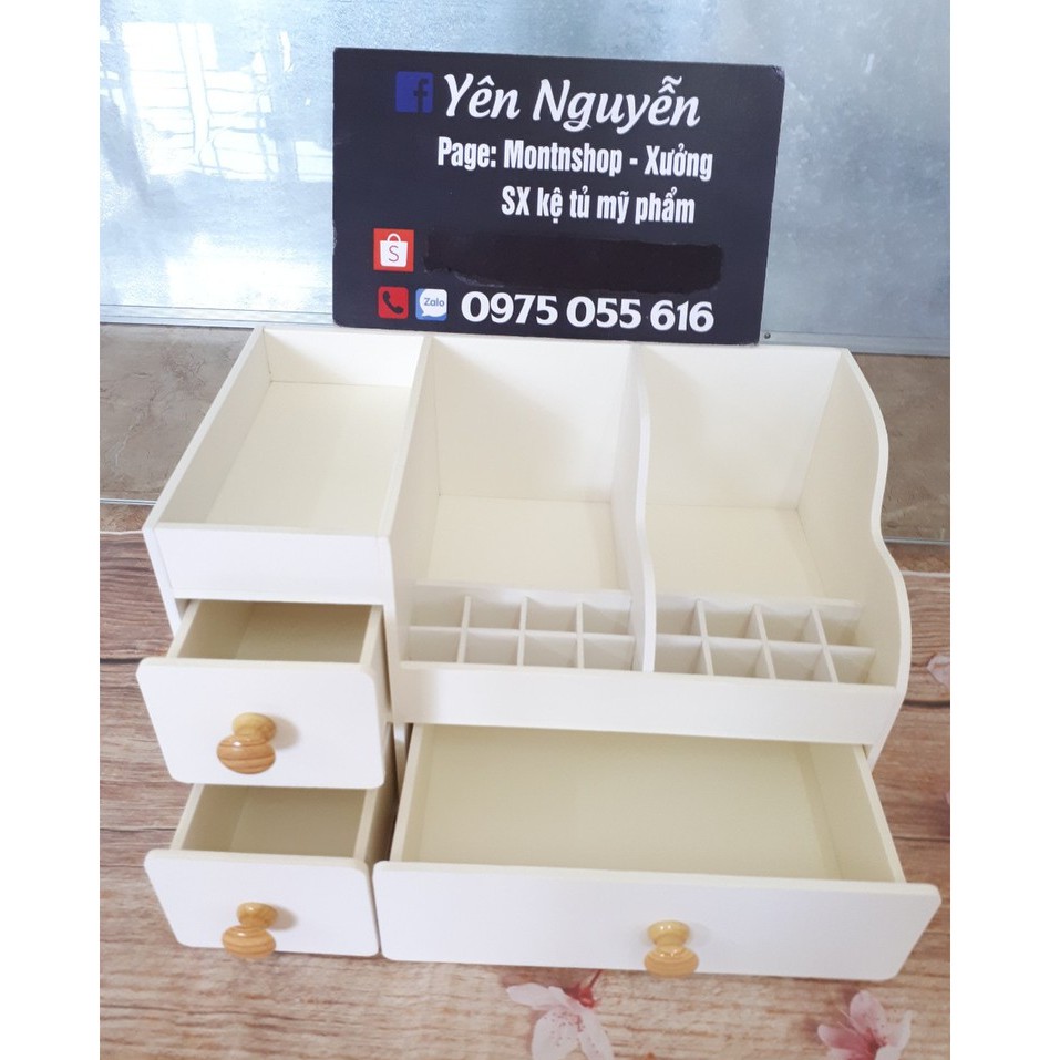 Kệ mỹ phẩm max trắng đặc biệt 35cm 16 ô son núm gỗ sáng
