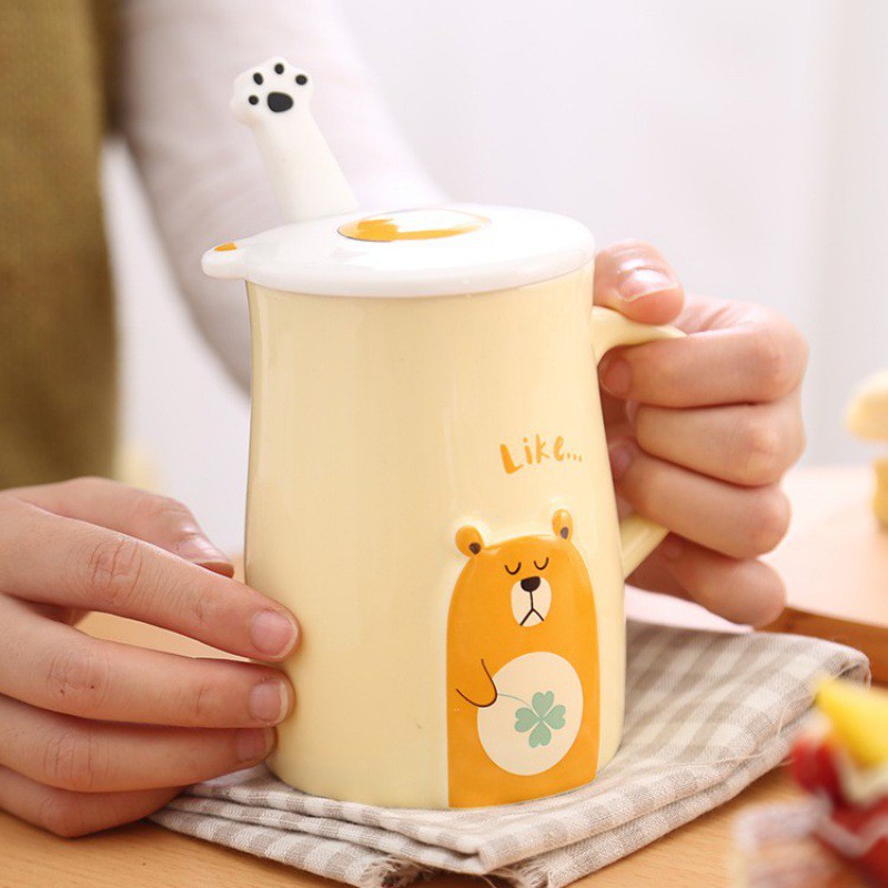 Ly cốc sứ hình gấu cực cute có nắp đậy và thìa dung tích 450ml