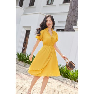 Đầm dập ly chun eo vàng -HBV1129