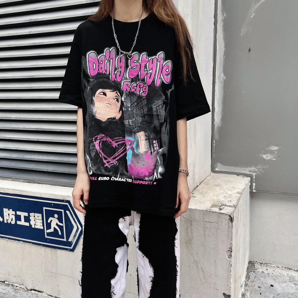 Xiaozhainv Áo Thun Ngắn Tay Dáng Rộng In Hình Hoạt Hình Dành Cho Cặp Đôi