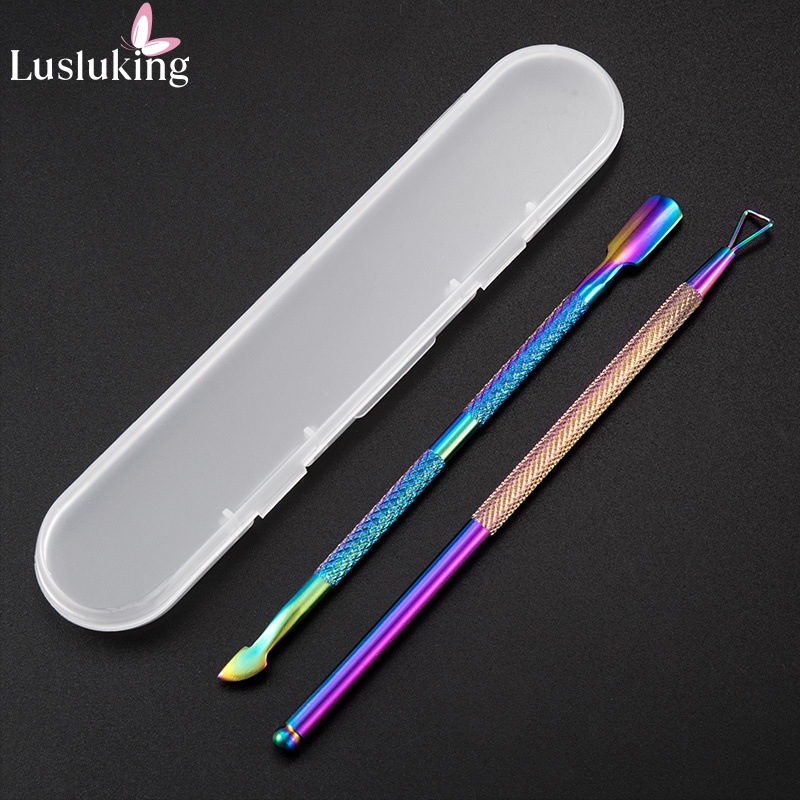 Set 2 dụng cụ loại bỏ da chết móng tay LUSLUKING chân bằng thép không gỉ kèm hộp đựng