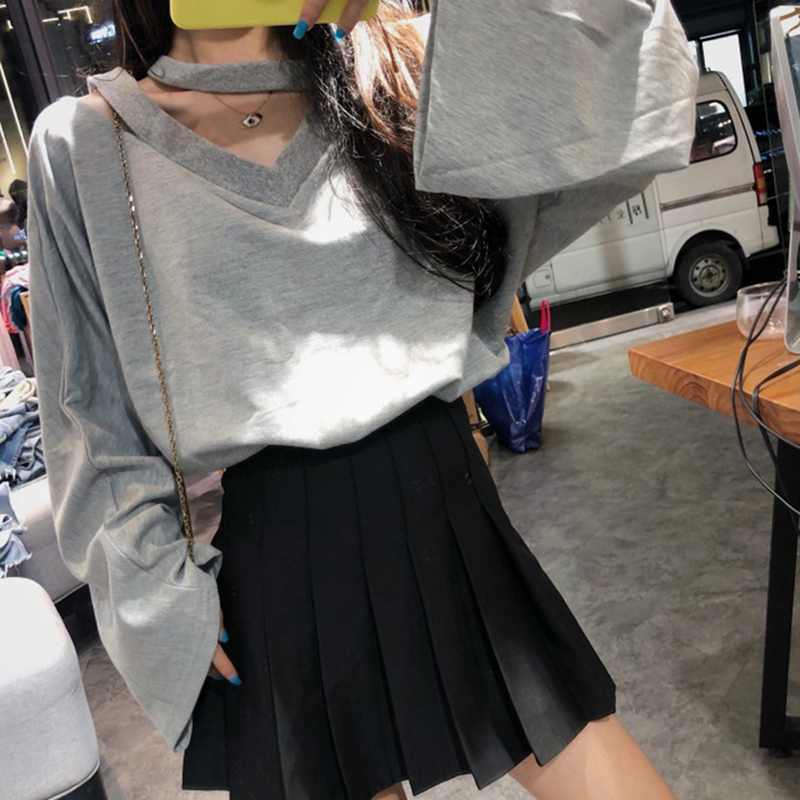 IELGY Áo Thun Tay Dài Hở Vai Cổ Chữ V Màu Sắc Trơn Phong Cách Hàn Quốc Dành Cho Nữ