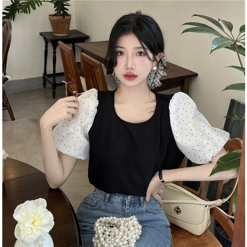 Áo Thun Tay Ngắn Cổ Tròn Họa Tiết Chấm Bi Thời Trang Dành Cho Nữ