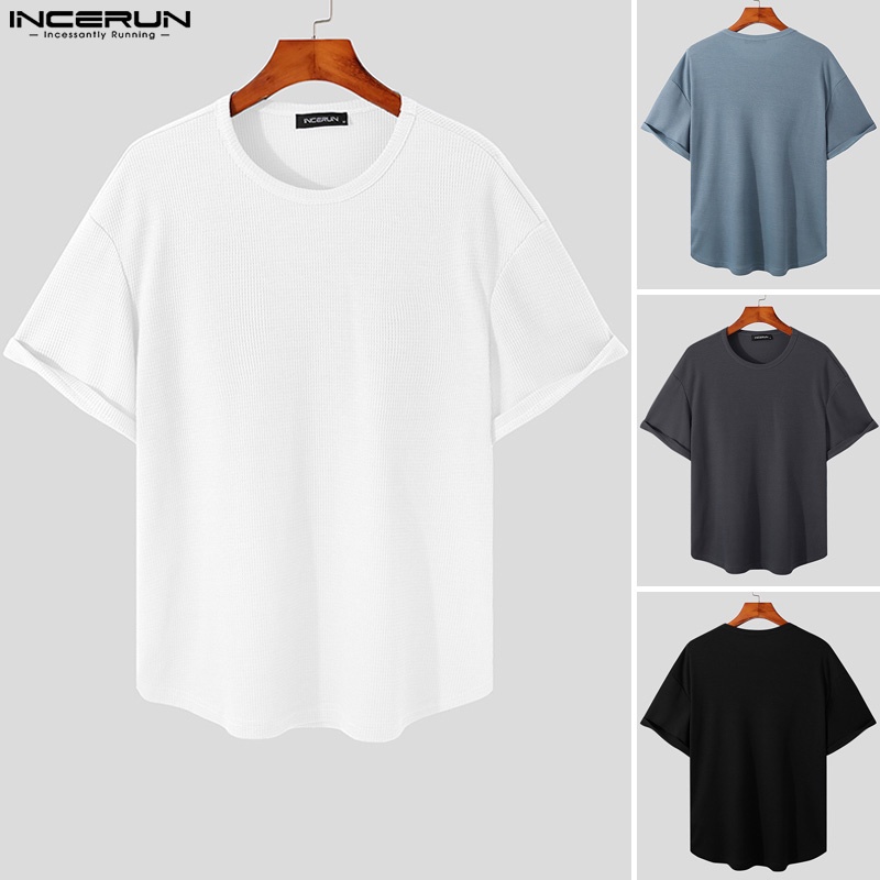 INCERUN Áo Thun Nam Ngắn Tay Cổ Tròn Màu Sắc Đơn Giản