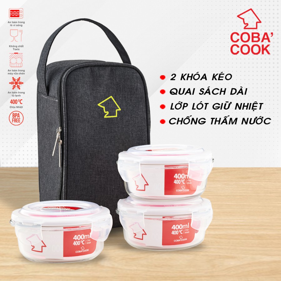 [Mã BMBAU50] Bộ túi hộp đựng thủy tinh COBA'COOK gồm 3 hộp tròn 400ml và 1 túi giữ nhiệt với- CCR43BL