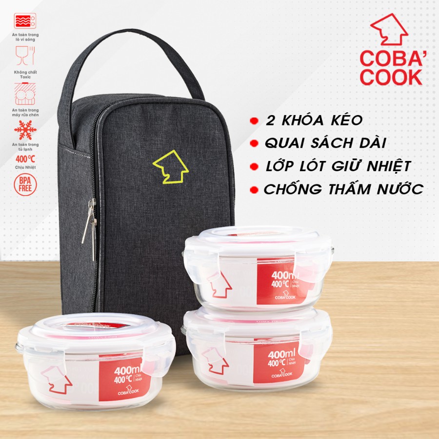 Bộ túi hộp đựng thủy tinh COBA'COOK gồm 3 hộp tròn 400ml và 1 túi giữ nhiệt với- CCR43BL