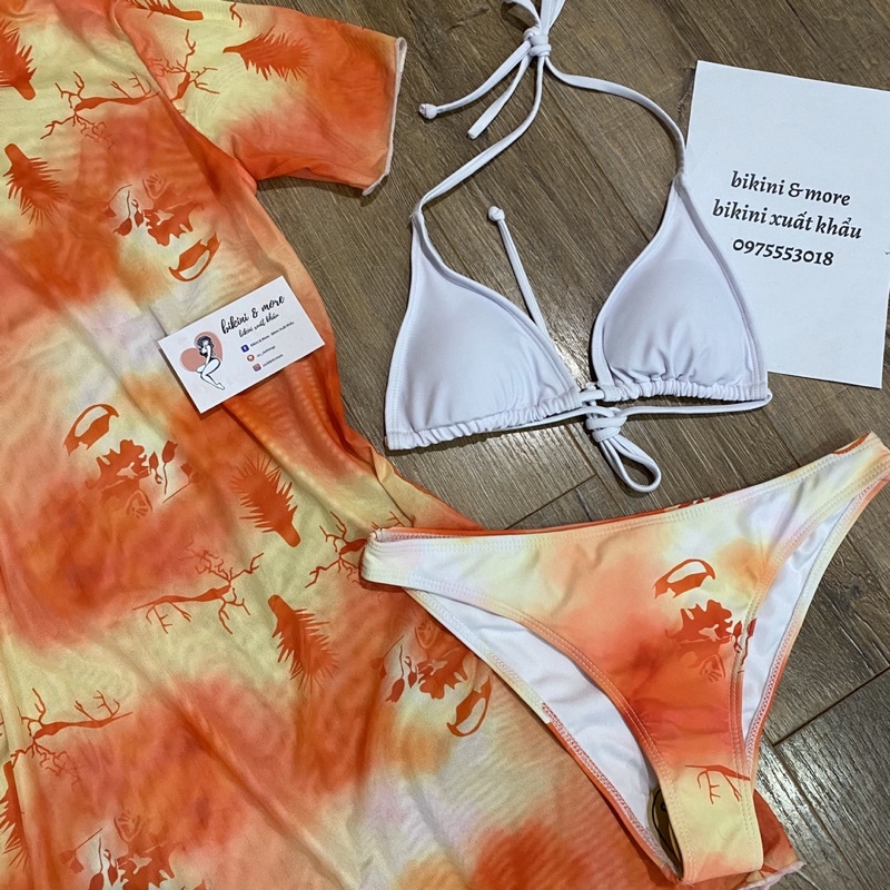 [BKN1508] &lt;ÂU&gt; SET BIKINI 3 MÓN TRẮNG KÈM VÁY SUÔNG CAM