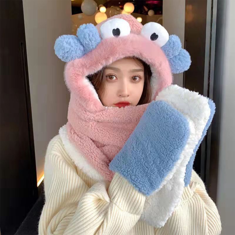 Mũ trùm đầu kiêm khăn choàng cổ 3 trong 1 thiết kế tai thỏ giữ ấm mùa đông cho nữ
