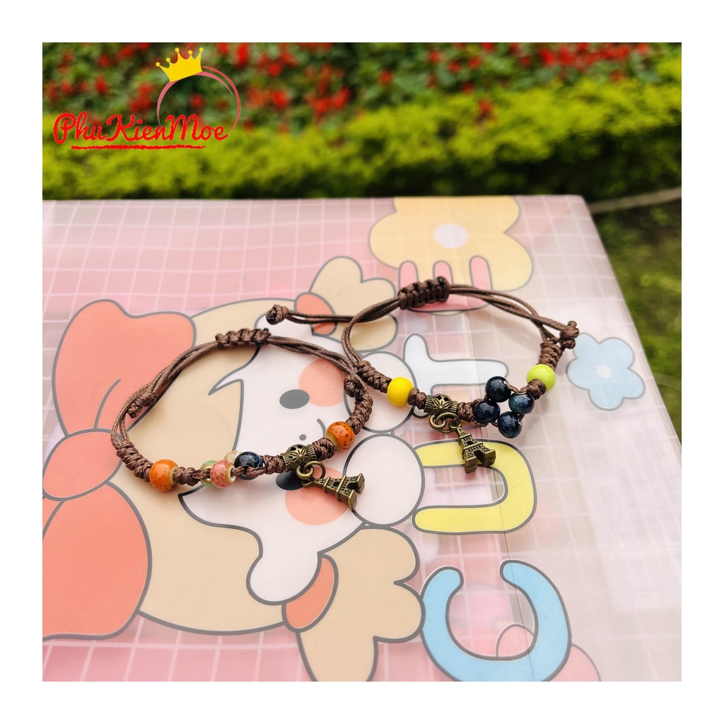 Vòng tay dây rút hạt thổ cẩm vintage hình tháp effel cổ điển