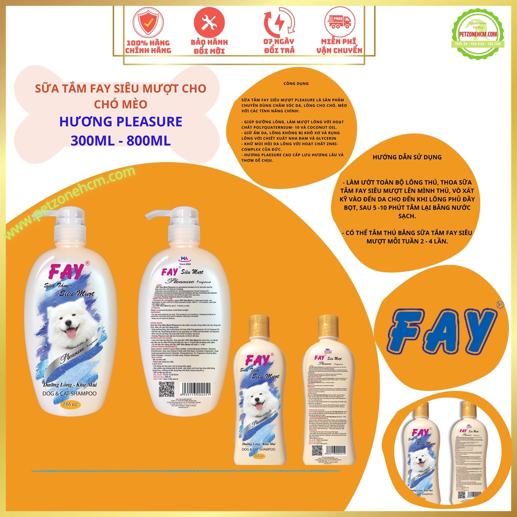 Sữa tắm siêu mượt Fay Pleasure cho chó mèo 300ml - 800ml
