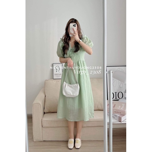 [HÀNG SẴN]VÁY TƠ CỔ BÈO VUÔNG THẮT NƠ DÁNG MIDI TIỂU THƯ