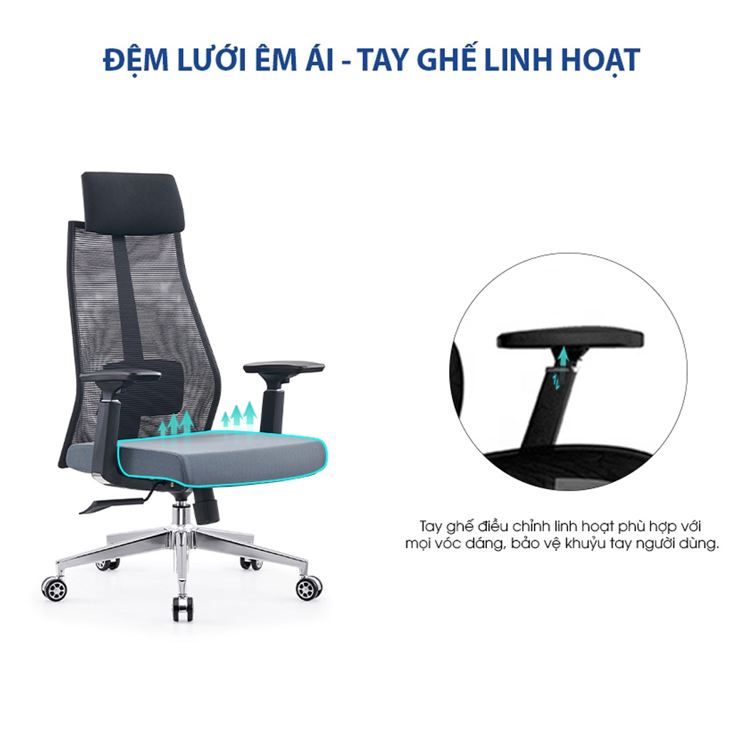 Ghế công thái học GOVI Ergonomic Plato PL15 -Tựa đầu cố định, tựa tay nâng hạ, mâm ghế cố định