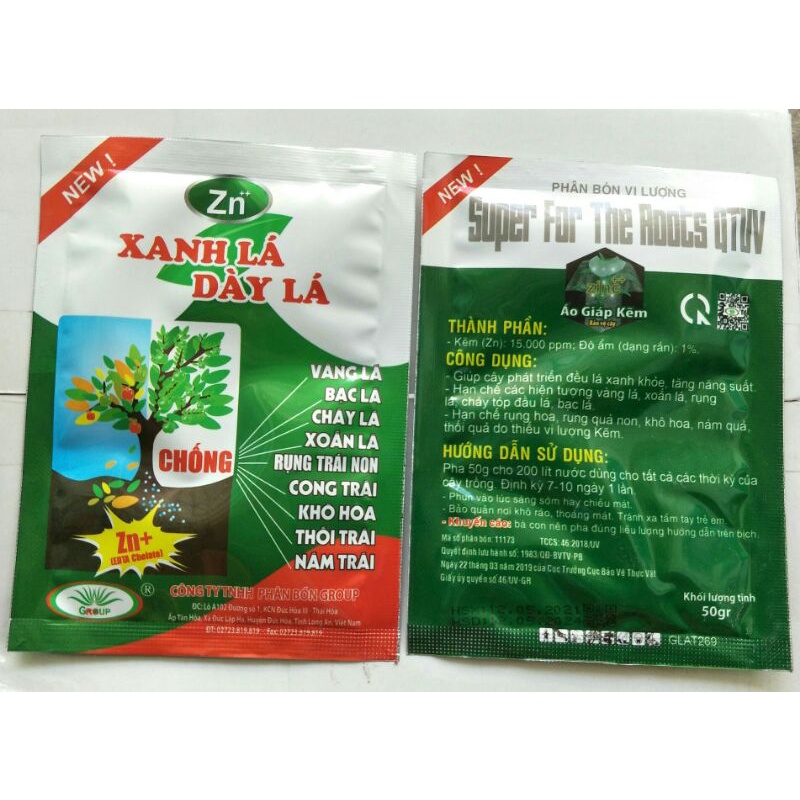 Phân bón vi lượng kẽm xanh lá dày lá gói 50gr chống vàng lá bạc lá cháy lá xoắn lá khô hoa rụng trái